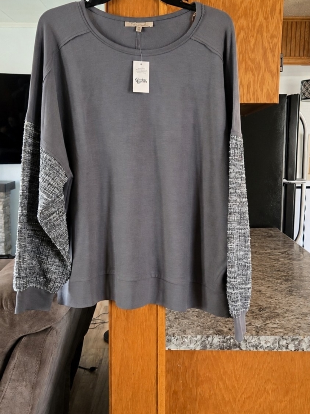 Brand New Charcoal Gray Pullover with Tweed Contrast Sleeves